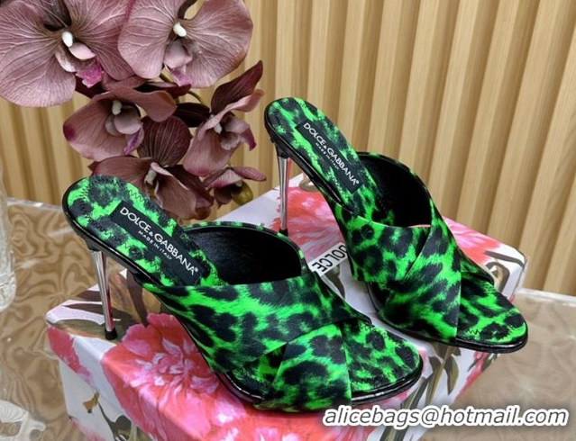 Pretty Style Dolce & Gabbana Leopard-print Satin Heel Slides Sandal 10cm with Cross Strap DG121105 Green 2026