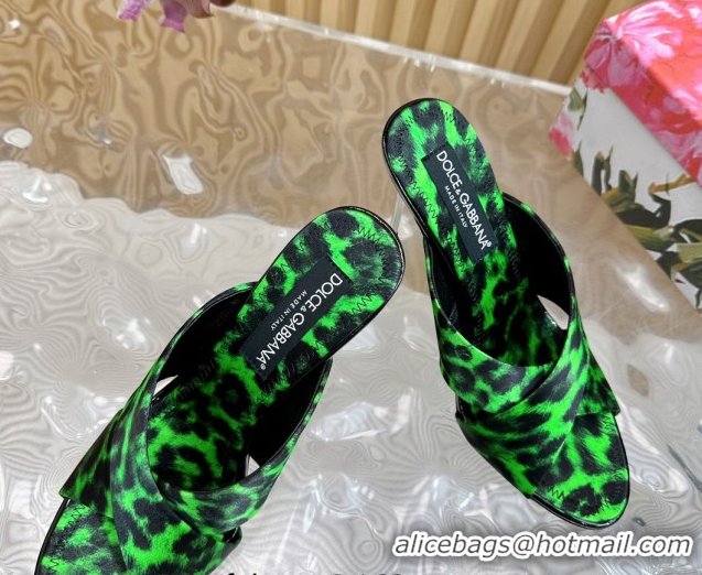 Pretty Style Dolce & Gabbana Leopard-print Satin Heel Slides Sandal 10cm with Cross Strap DG121105 Green 2026