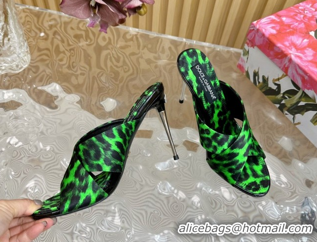 Pretty Style Dolce & Gabbana Leopard-print Satin Heel Slides Sandal 10cm with Cross Strap DG121105 Green 2026