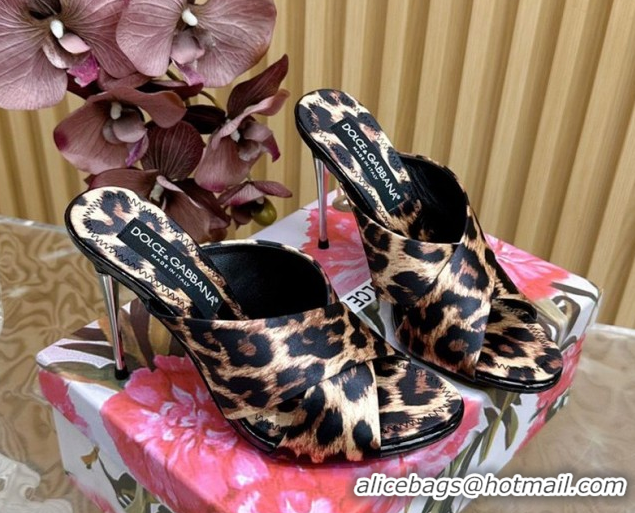 Popular Style Dolce & Gabbana Leopard-print Satin Heel Slides Sandal 10cm with Cross Strap DG121105 Beige/Brown 2026