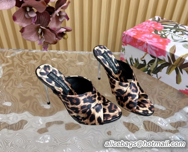 Popular Style Dolce & Gabbana Leopard-print Satin Heel Slides Sandal 10cm with Cross Strap DG121105 Beige/Brown 2026