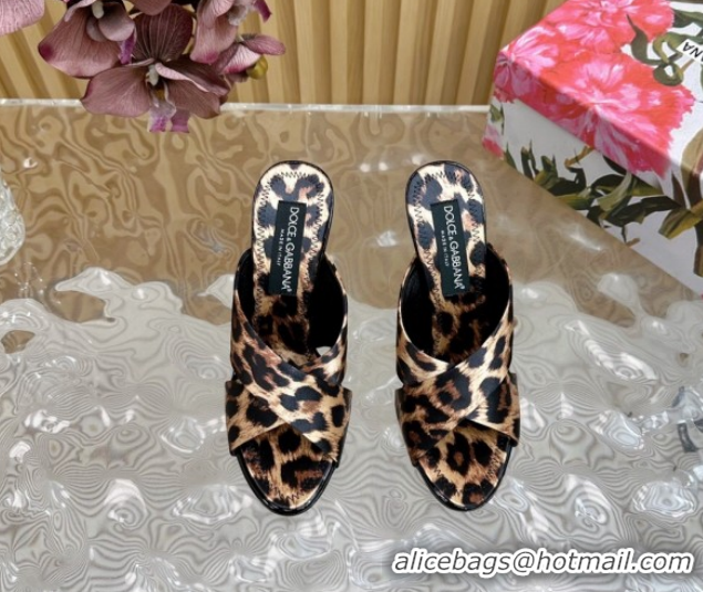 Popular Style Dolce & Gabbana Leopard-print Satin Heel Slides Sandal 10cm with Cross Strap DG121105 Beige/Brown 2026
