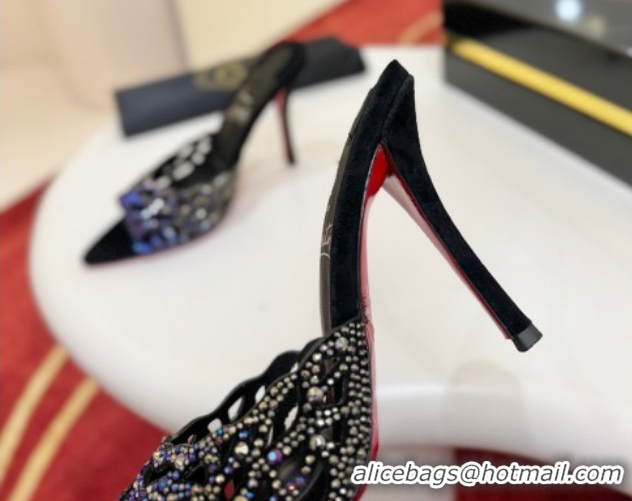 Luxury Christian Louboutin Miss Z Heel Slides Sandal 10cm in Strass and Cut-out Suede 1209101 Black/Blue 2026