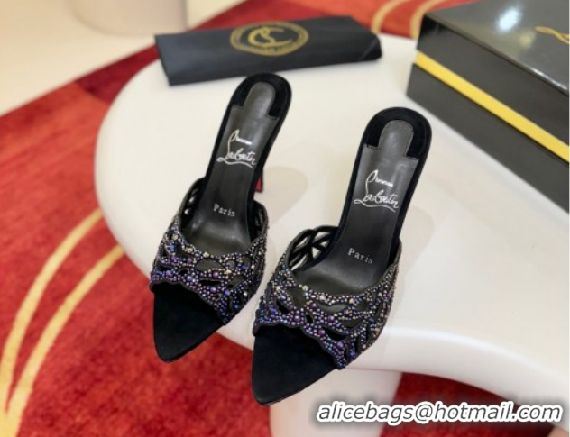 Luxury Christian Louboutin Miss Z Heel Slides Sandal 10cm in Strass and Cut-out Suede 1209101 Black/Blue 2026