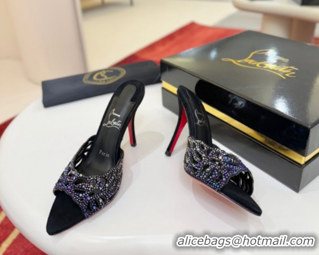 Luxury Christian Louboutin Miss Z Heel Slides Sandal 10cm in Strass and Cut-out Suede 1209101 Black/Blue 2026