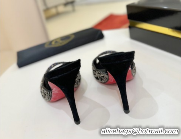 Luxury Christian Louboutin Miss Z Heel Slides Sandal 10cm in Strass and Cut-out Suede 1209101 Black/Blue 2026