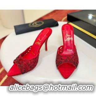 Charming Christian Louboutin Miss Z Heel Slides Sandal 10cm in Strass and Cut-out Suede 1209101 Red/Black 2026