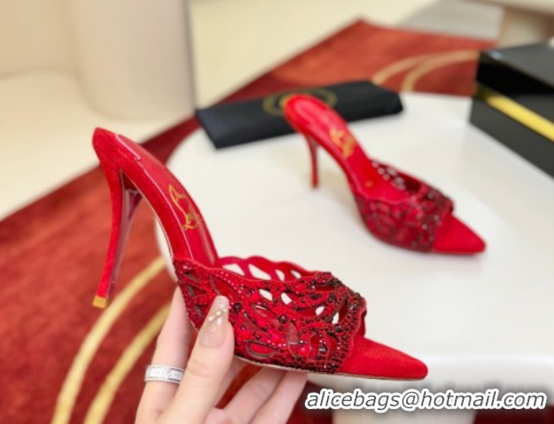 Charming Christian Louboutin Miss Z Heel Slides Sandal 10cm in Strass and Cut-out Suede 1209101 Red/Black 2026