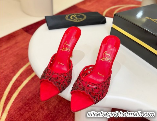 Charming Christian Louboutin Miss Z Heel Slides Sandal 10cm in Strass and Cut-out Suede 1209101 Red/Black 2026