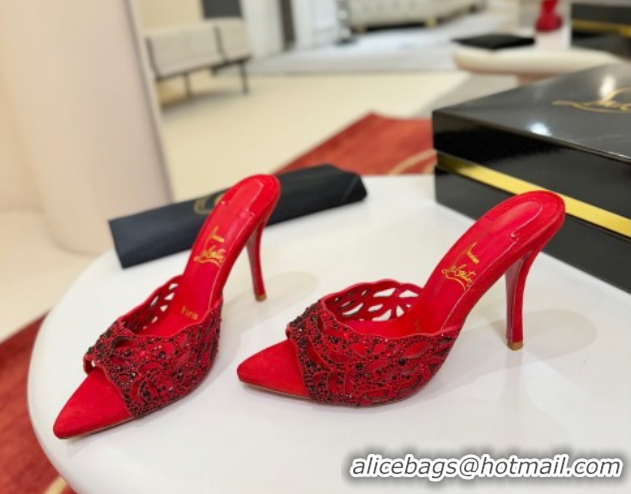 Charming Christian Louboutin Miss Z Heel Slides Sandal 10cm in Strass and Cut-out Suede 1209101 Red/Black 2026