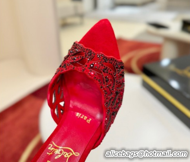 Charming Christian Louboutin Miss Z Heel Slides Sandal 10cm in Strass and Cut-out Suede 1209101 Red/Black 2026