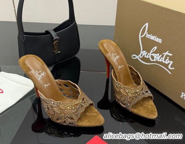 Top Design Christian Louboutin Miss Z Heel Slides Pump 10cm in Strass and Cut-out Suede Brown 1209105 2026