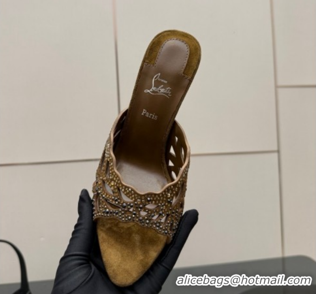 Top Design Christian Louboutin Miss Z Heel Slides Pump 10cm in Strass and Cut-out Suede Brown 1209105 2026