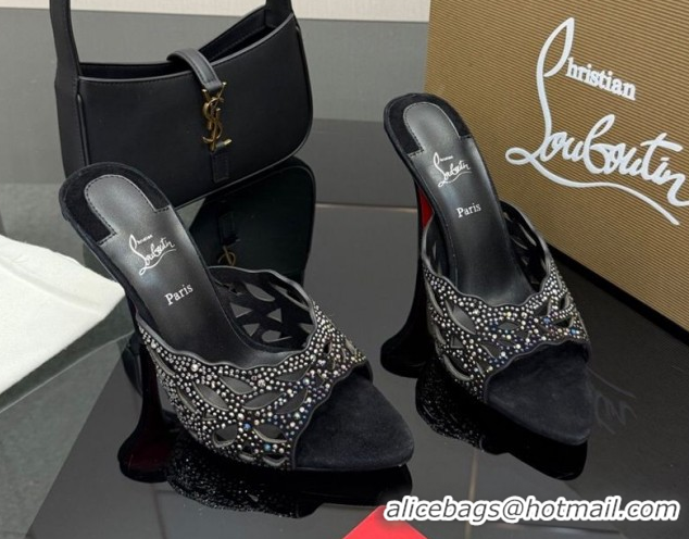 Luxury Cheap Christian Louboutin Miss Z Heel Slides Pump 10cm in Strass and Cut-out Suede Black 1209106 2026
