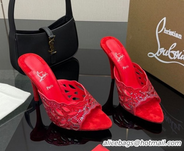 Luxury Christian Louboutin Miss Z Heel Slides Pump 10cm in Strass and Cut-out Suede Red 1209107 2026