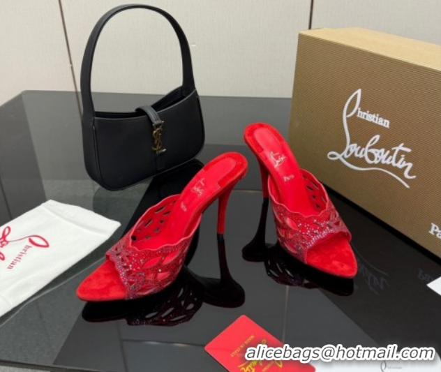 Luxury Christian Louboutin Miss Z Heel Slides Pump 10cm in Strass and Cut-out Suede Red 1209107 2026