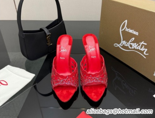 Luxury Christian Louboutin Miss Z Heel Slides Pump 10cm in Strass and Cut-out Suede Red 1209107 2026
