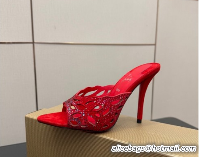 Luxury Christian Louboutin Miss Z Heel Slides Pump 10cm in Strass and Cut-out Suede Red 1209107 2026