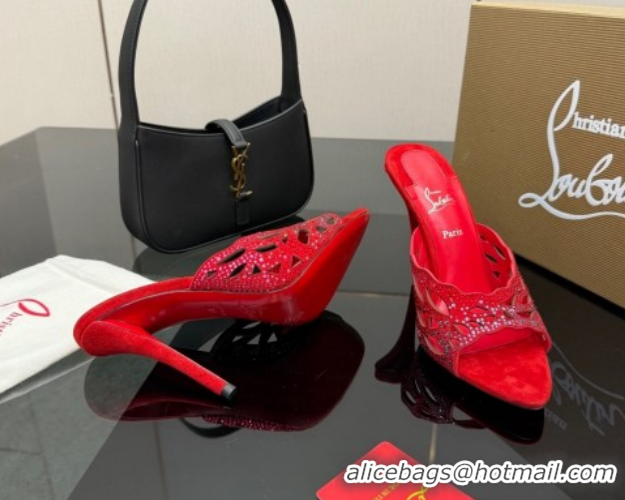 Luxury Christian Louboutin Miss Z Heel Slides Pump 10cm in Strass and Cut-out Suede Red 1209107 2026