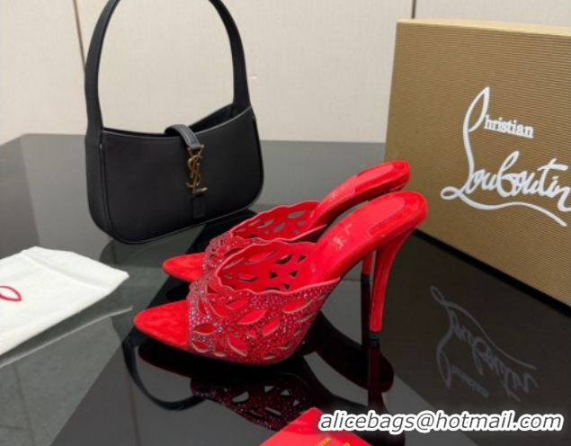 Luxury Christian Louboutin Miss Z Heel Slides Pump 10cm in Strass and Cut-out Suede Red 1209107 2026