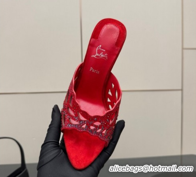 Luxury Christian Louboutin Miss Z Heel Slides Pump 10cm in Strass and Cut-out Suede Red 1209107 2026