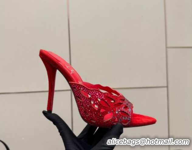 Luxury Christian Louboutin Miss Z Heel Slides Pump 10cm in Strass and Cut-out Suede Red 1209107 2026