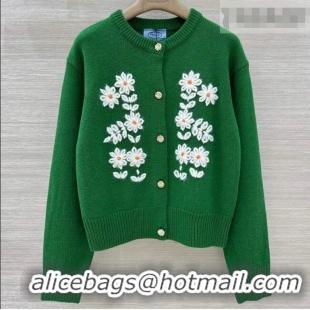 Famous Brand Prada Cashmere Cardigan with Flower Embroidery 0113 Green 2026