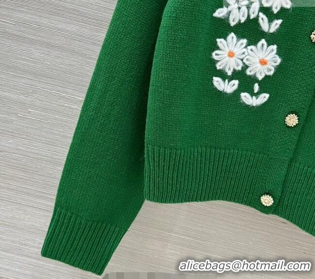 Famous Brand Prada Cashmere Cardigan with Flower Embroidery 0113 Green 2026