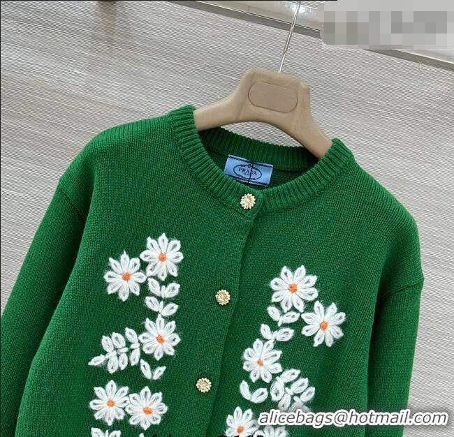 Famous Brand Prada Cashmere Cardigan with Flower Embroidery 0113 Green 2026