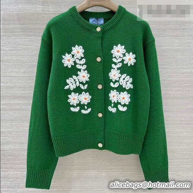 Famous Brand Prada Cashmere Cardigan with Flower Embroidery 0113 Green 2026