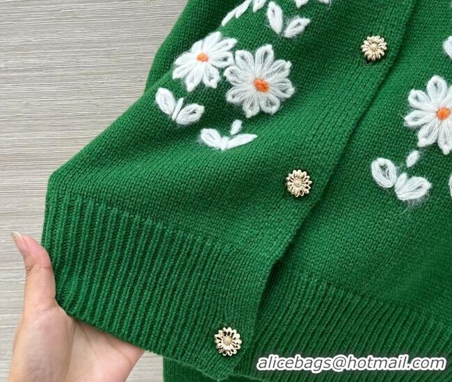 Famous Brand Prada Cashmere Cardigan with Flower Embroidery 0113 Green 2026