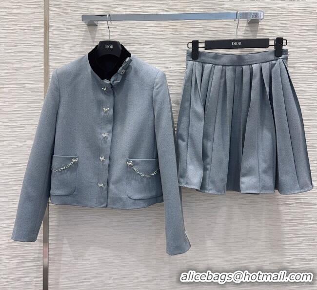 Famous Brand Dior Jacket and Skirt Set with Bow and Chain DR011302 Grey 2026