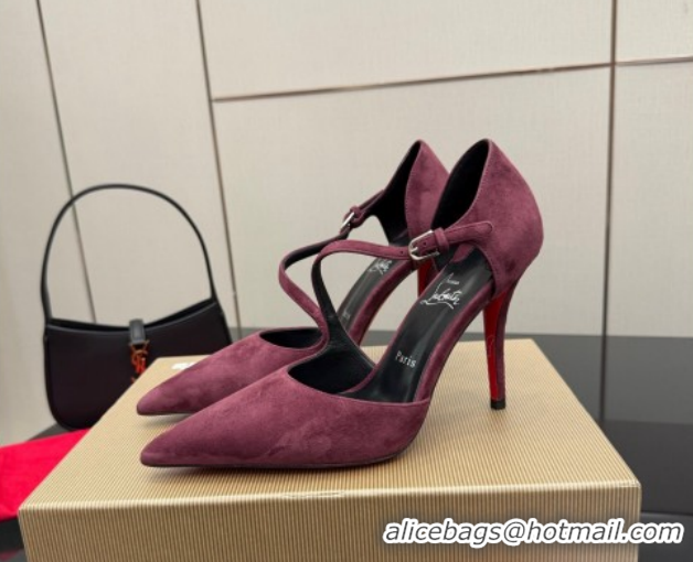 Best Grade Christian Louboutin Miss Ziggyta Heel Pumps 10cm with Strap in Suede Burgundy 1209125 2026