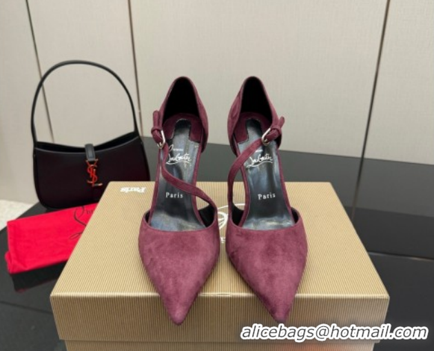 Best Grade Christian Louboutin Miss Ziggyta Heel Pumps 10cm with Strap in Suede Burgundy 1209125 2026