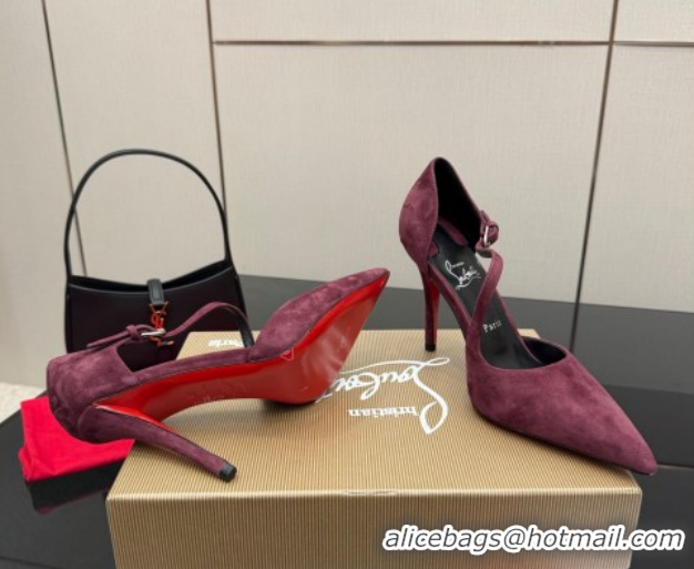 Best Grade Christian Louboutin Miss Ziggyta Heel Pumps 10cm with Strap in Suede Burgundy 1209125 2026