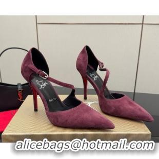 Best Grade Christian Louboutin Miss Ziggyta Heel Pumps 10cm with Strap in Suede 1209125 Burgundy 2026