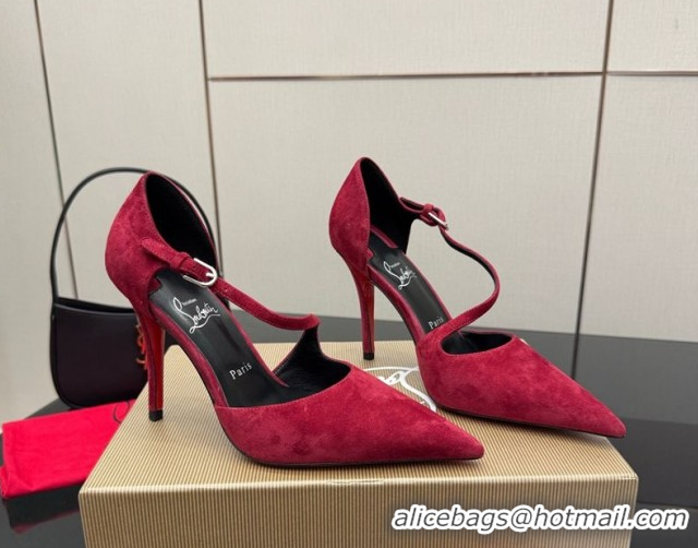 Charming Christian Louboutin Miss Ziggyta Heel Pumps 10cm with Strap in Suede 1209125 Red 2026