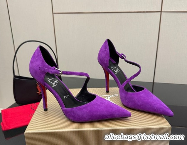Good Quality Christian Louboutin Miss Ziggyta Heel Pumps 10cm with Strap in Suede Purple 1209128 2026