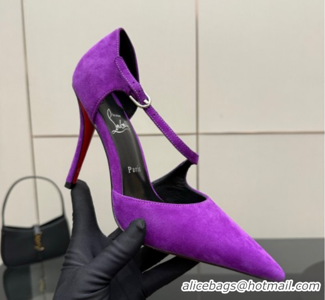 Good Quality Christian Louboutin Miss Ziggyta Heel Pumps 10cm with Strap in Suede Purple 1209128 2026