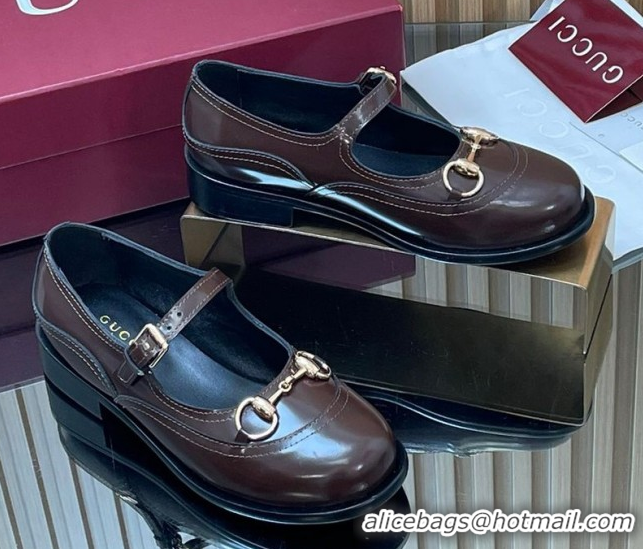 Purchase Gucci Shiny Calf Leather Mary Janes Pumps 3.5cm with Horsebit 847769 Dark Brown 2026