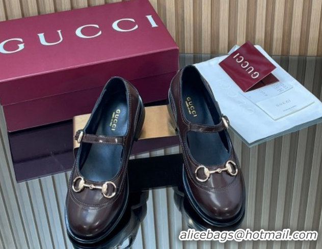 Purchase Gucci Shiny Calf Leather Mary Janes Pumps 3.5cm with Horsebit 847769 Dark Brown 2026
