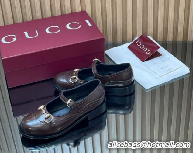 Purchase Gucci Shiny Calf Leather Mary Janes Pumps 3.5cm with Horsebit 847769 Dark Brown 2026