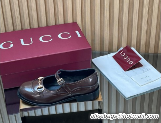 Purchase Gucci Shiny Calf Leather Mary Janes Pumps 3.5cm with Horsebit 847769 Dark Brown 2026