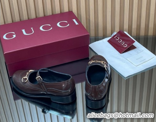 Purchase Gucci Shiny Calf Leather Mary Janes Pumps 3.5cm with Horsebit 847769 Dark Brown 2026