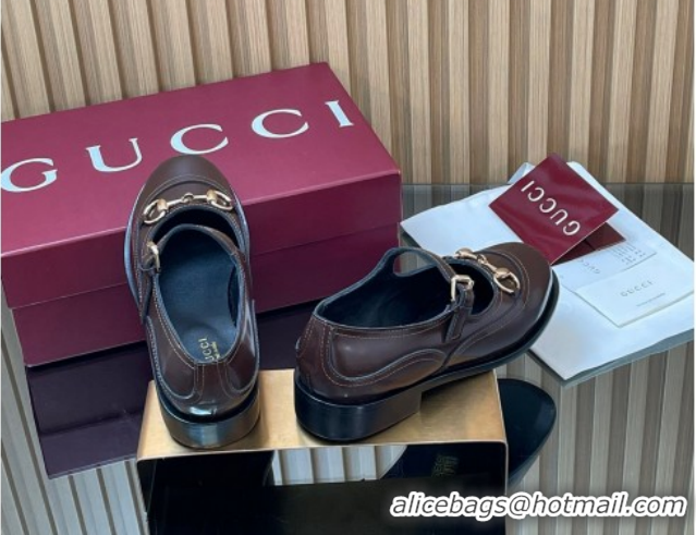 Purchase Gucci Shiny Calf Leather Mary Janes Pumps 3.5cm with Horsebit 847769 Dark Brown 2026