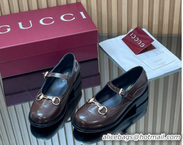 Purchase Gucci Shiny Calf Leather Mary Janes Pumps 3.5cm with Horsebit 847769 Dark Brown 2026