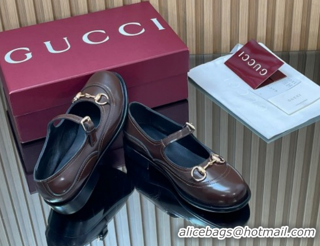 Purchase Gucci Shiny Calf Leather Mary Janes Pumps 3.5cm with Horsebit 847769 Dark Brown 2026