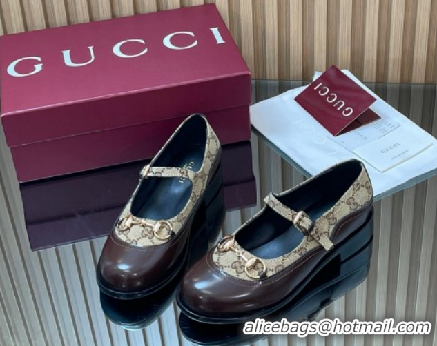 Buy Luxury Gucci Shiny Leather and GG Canvas Mary Janes Pumps 3.5cm with Horsebit 847769 Brown/Beige 2026