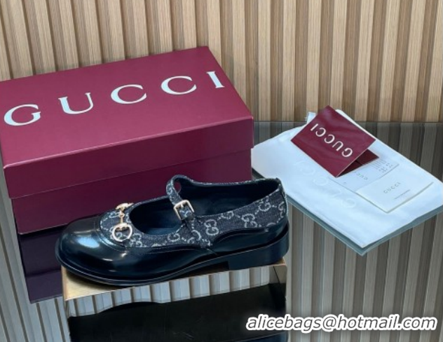Good Quality Gucci Shiny Leather and GG Canvas Mary Janes Pumps 3.5cm with Horsebit 847769 Blue/Black 2026