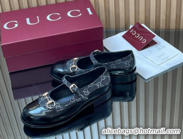 Good Quality Gucci Shiny Leather and GG Canvas Mary Janes Pumps 3.5cm with Horsebit 847769 Blue/Black 2026